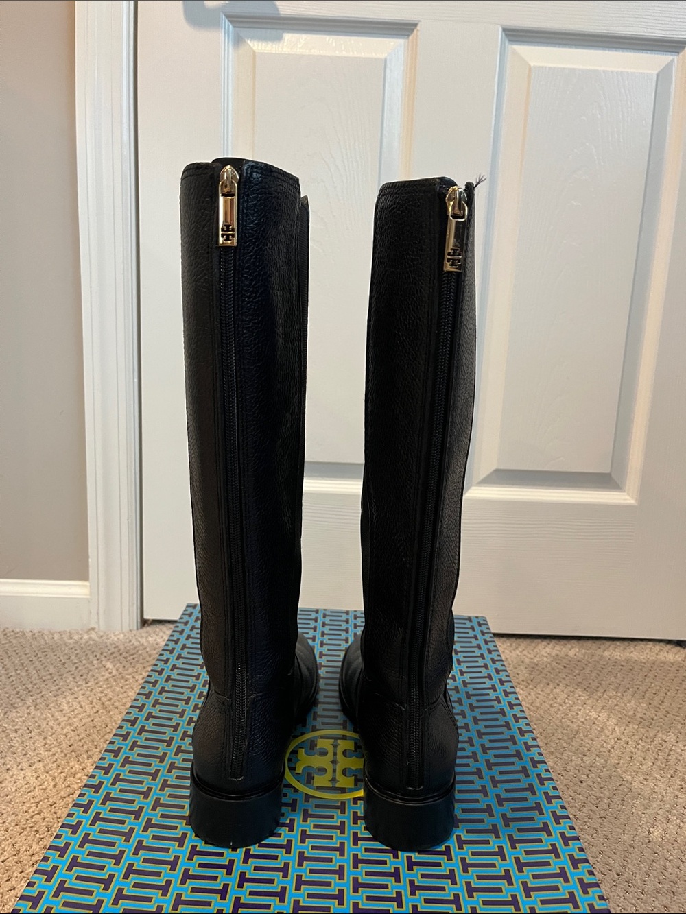Tory Burch Black Pebbled Leather Tall Boots - Picture 3 of 10